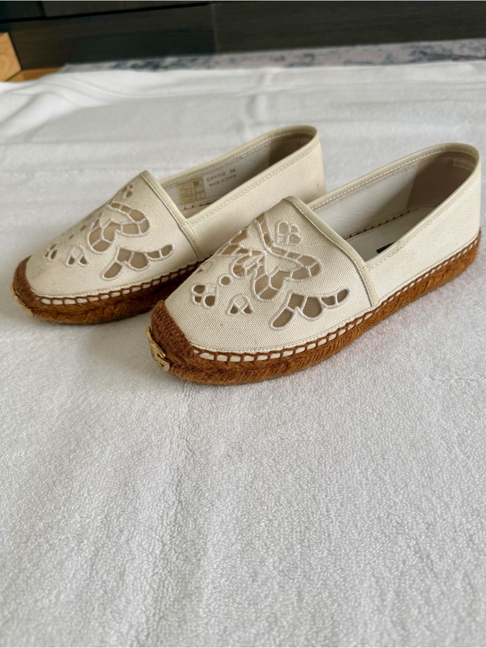 Dolce & Gabbana Cream and Brown Espadrille Loafers with gold toe logo